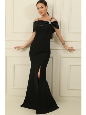 By Saygı Ip Askılı Balenli Yakası Garnili Taşlı Astarlı Ithal Krep Full Telalı Uzun Elbise