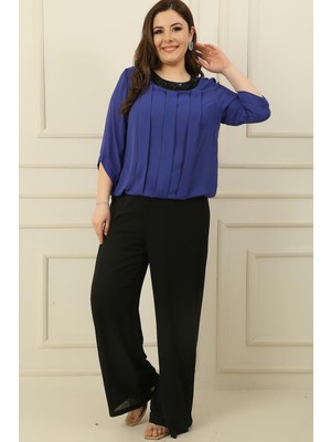 By Saygı Beli Lastikli Astarlı Palazzo Büyük Beden Şifon Pantolon