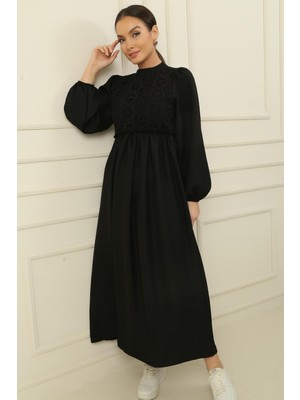 Saygı Giyim Güpürlü Keten Efekt Uzun Elbise