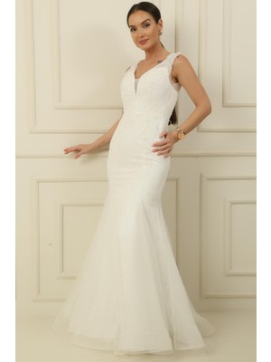 By Saygı Pul ve Boncuklu Astarlı Arkası Bağlamalı Simli Uzun Balık Elbise