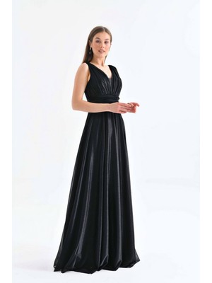 Neşeli Butik Kadın Siyah V Yaka Simli Tül Abiye Elbise Nbs9223