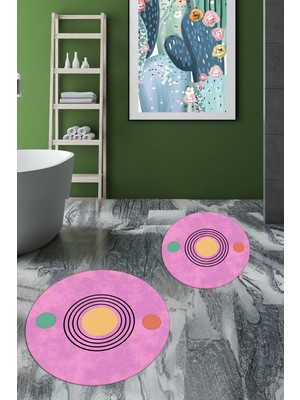 Evdeya Dijital Baskılı Yıkanabilir Modern Ikili Banyo Halısı Paspas Yuvarlak, Klozet-49-Pembe,