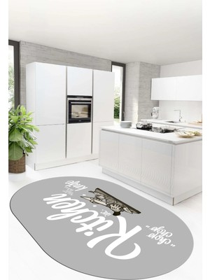 Evdeya Kitchen Yazılı Modern Kaymaz Taban Yıkanabilir Oval Mutfak Halısı, O-Mutfak-41-Gri-Beyaz,