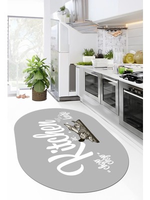 Evdeya Kitchen Yazılı Modern Kaymaz Taban Yıkanabilir Oval Mutfak Halısı, O-Mutfak-41-Gri-Beyaz,