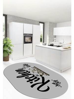 Evdeya Kitchen Yazılı Modern Kaymaz Taban Yıkanabilir Oval Mutfak Halısı, O-Mutfak-41-Gri-Siyah,