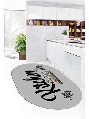 Evdeya Kitchen Yazılı Modern Kaymaz Taban Yıkanabilir Oval Mutfak Halısı, O-Mutfak-41-Gri-Siyah,