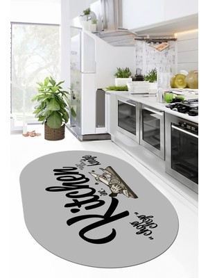 Evdeya Kitchen Yazılı Modern Kaymaz Taban Yıkanabilir Oval Mutfak Halısı, O-Mutfak-41-Gri-Siyah,