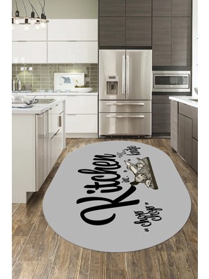 Evdeya Kitchen Yazılı Modern Kaymaz Taban Yıkanabilir Oval Mutfak Halısı, O-Mutfak-41-Gri-Siyah,