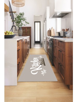 Evdeya Kitchen Yazılı Modern Kaymaz Taban Yıkanabilir Mutfak Halısı, Mutfak-41-Gri-Beyaz,
