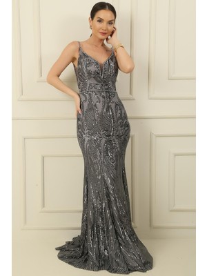 By Saygı Ip Askılı Boncuk ve Pul Şal Desenli Astarlı Geniş Beden Aralıklı Uzun Balık Elbise