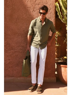 ALTINYILDIZ CLASSICS Erkek Haki Slim Fit Dar Kesim Düğmeli Yaka %100 Pamuk Gömlek