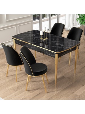Canisa Pale Serisi 80X132 Açılabilir Siyah Mermer Desen Mutfak Masa Takımı 4 Sandalye Gold Detay