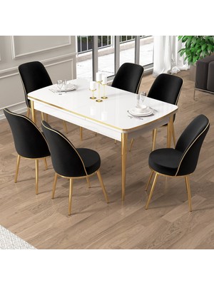 Canisa Pale Serisi 80X132 Açılabilir Beyaz Mutfak Masa Takımı 6 Sandalye Gold Detay