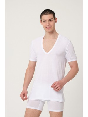 Fsm1453 Erkek Pamuklu Süper Ince Derin V-Yaka Kısa Kollu Beyaz Atelt - 392