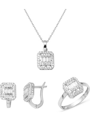 Bilezikci 14 Ayar Klasik Beyaz Altın Baget Taşlı Set