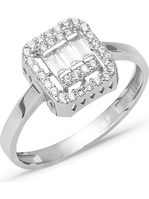 Bilezikci Klasik Beyaz Altın Baget Taşlı Yüzük