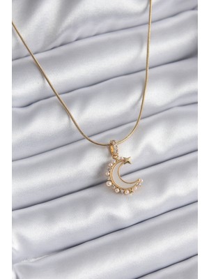Takızon 316L Çelik Gold Renk Hilal Model Zirkon Taş Inci Detay Kadın Kolye - TJ-BKO8136