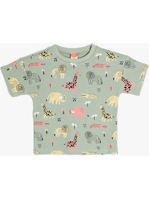 Koton Tişört Kısa Kollu Hayvan Baskılı Bisiklet Yaka Dokulu Pamuklu