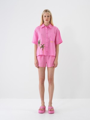 Xint Kadın Pembe %100 Keten Oversize Gömlek