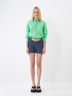 Xint Kadın Yeşil %100 Keten Oversize Gömlek