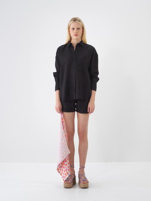 Xint Kadın Siyah %100 Keten Oversize Gömlek