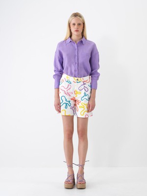 Xint Kadın Lila %100 Keten Oversize Gömlek