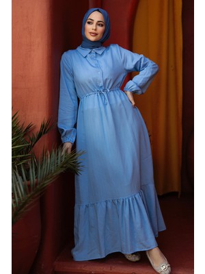 Neva Style Etek Ucu Volanlı Bebek Mavisi Tesettür Elbise 23181BM