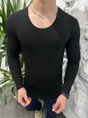 By Bülent Erkek Oval Açık Yaka Uzun Kollu Dar Kesim Tişört T-Shirt Siyah