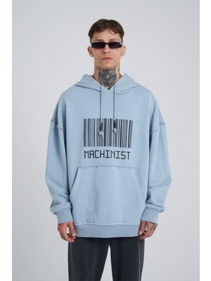 Machinist Erkek Yıkamalı Barkod Baskılı Kapüşonlu Oversize Açık Mavi Sweatshirt