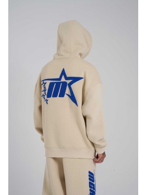 Machinist Erkek Stars Nakışlı Kapüşonlu Oversize Açık Bej Sweatshirt