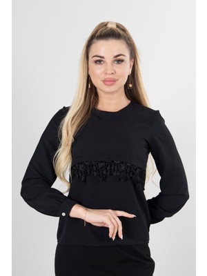 Feminist Siyah Dantel Detaylı Şifon Bluz 0806567.01