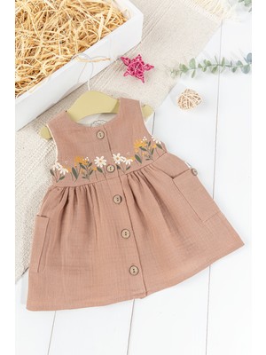 Babymod Çiçek Desenli Askılı Önden Düğmeli Yazlık Müslin Kız Bebek Elbise