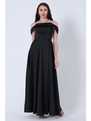 Feminist Siyah Taş Askılı Düşük Kol Saten Abiye 0806118.01