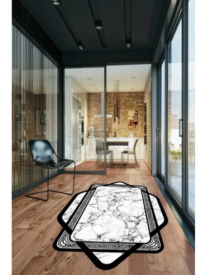 Evdeya Çerçeveli Mermer Yıkanabilir Kaymaz Lazer Kesim Yolluk Mutfak Salon Halısı, Lazer-29-Beyaz,