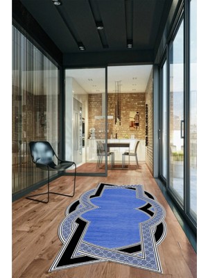 Evdeya Çerçeveli Mermer Yıkanabilir Lazer Kesim Şık Yolluk Mutfak Salon Halısı, Lazer-30-Mavi,