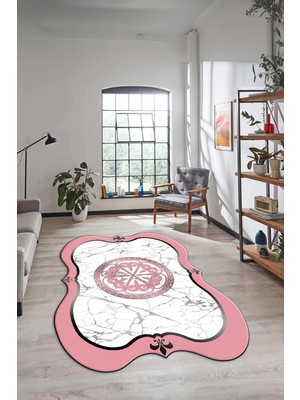 Evdeya Mermer Desenli Göbekli Kaymaz Yıkanabilir Lazer Kesim Mutfak Salon Halısı, Lazer-12-Pembe,