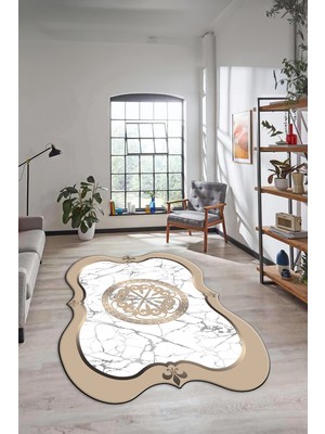 Evdeya Mermer Desenli Göbekli Kaymaz Yıkanabilir Lazer Kesim Mutfak Salon Halısı, Lazer-12-Bej,