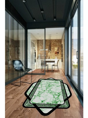 Evdeya Çerçeveli Mermer Yıkanabilir Kaymaz Lazer Kesim Yolluk Mutfak Salon Halısı, Lazer-29-Yeşil,
