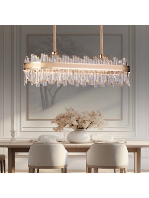 Apliqa Diandra Gold Kaplamalı Yemek Masa Üstü 44 Watt LED Sarkıt Modern Tasarım Salon Kristal 3 Renk Ledli Avize