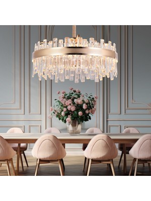Apliqa Diandra 60 Lık Gold Kaplamalı 58 Watt LED Sarkıt Modern Tasarım Salon Kristal 3 Renk Ledli Avize