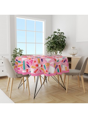 Moud's Pembe Kalem Kağıt Makas Desenli Yuvarlak Süet Dertsiz Masa Örtüsü