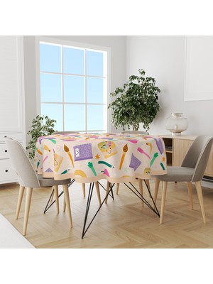 Moud's Krem Defter ve Kalem Desenli Yuvarlak Süet Dertsiz Masa Örtüsü