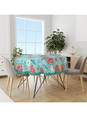 Moud's Turkuaz Karpuz ve Papatya Desenli Yuvarlak Süet Dertsiz Masa Örtüsü