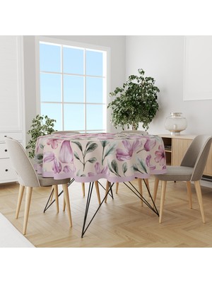 Moud's Yeşil Mor Çiçek Desenli Yuvarlak Süet Dertsiz Masa Örtüsü