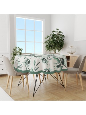 Moud's Su Yeşili Çiçek Dalları Desenli Yuvarlak Süet Dertsiz Masa Örtüsü