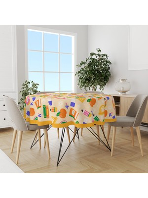 Moud's Turuncu Defter Okul Desenli Yuvarlak Süet Dertsiz Masa Örtüsü