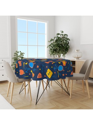 Moud's Lacivert Okul Malzemeleri Desenli Yuvarlak Süet Dertsiz Masa Örtüsü