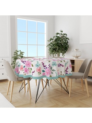 Moud's Pembe Mavi Çiçekler Desenli Yuvarlak Süet Dertsiz Masa Örtüsü