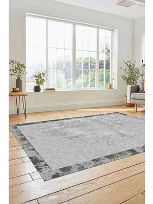 Evdeya Düz Renk Sade Desen Çerçeveli Kaymaz Taban Yıkanabilir Yolluk Salon Halısı, Sade-36-Gri,