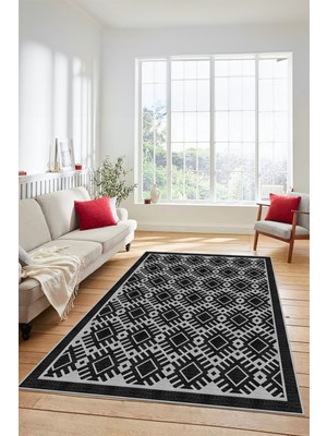 Evdeya Kilim Desenli Dijital Kaymaz Yıkanabilir Sade Yolluk Mutfak Koridor Salon Halısı, Sade-19-Siyah,